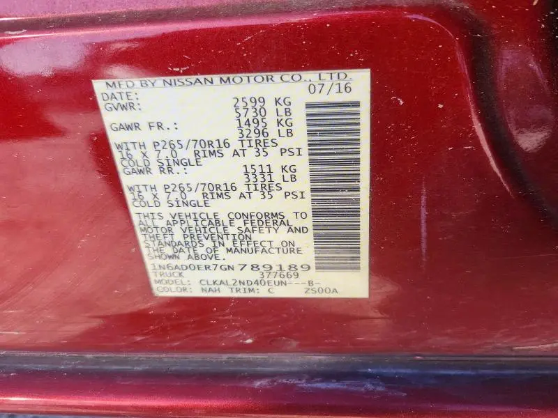 2016 NISSAN FRONTIER SV  
