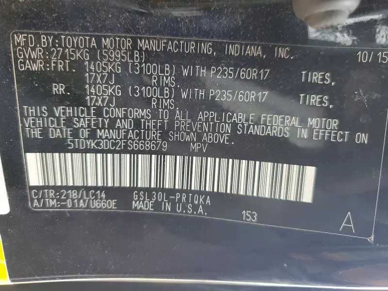 2015 TOYOTA SIENNA XLE 8-PASSENGER  