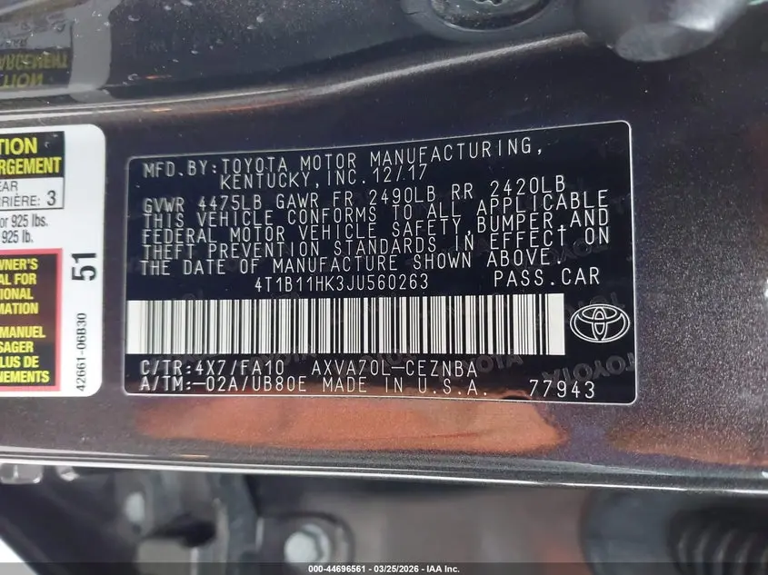 2018 TOYOTA CAMRY LE
