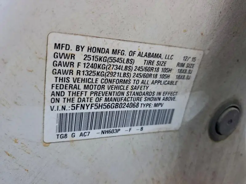 2016 HONDA PILOT EXL  