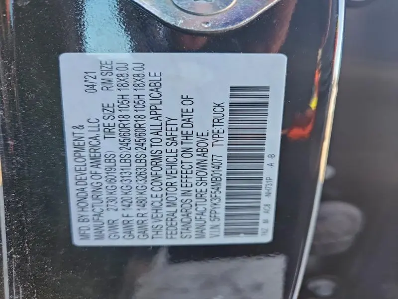 2021 HONDA RIDGELINE RTL  