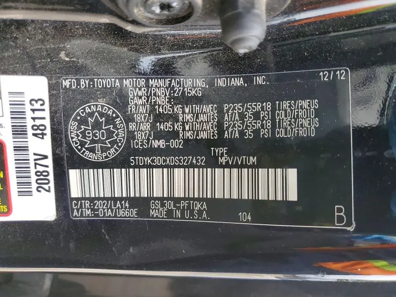 2013 TOYOTA SIENNA XLE 8-PASSENGER  