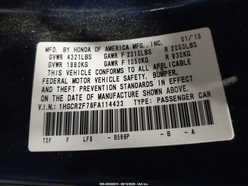 2015 HONDA ACCORD EX