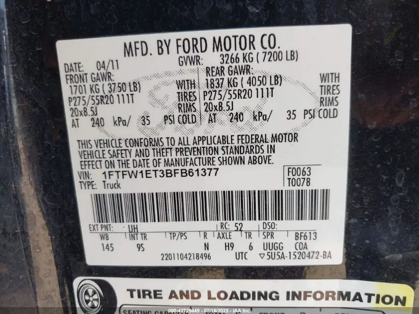 2011 FORD F-150 PLATINUM