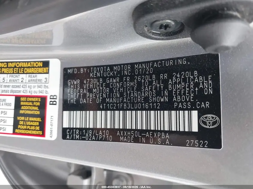 2020 TOYOTA AVALON HYBRID LIMITED
