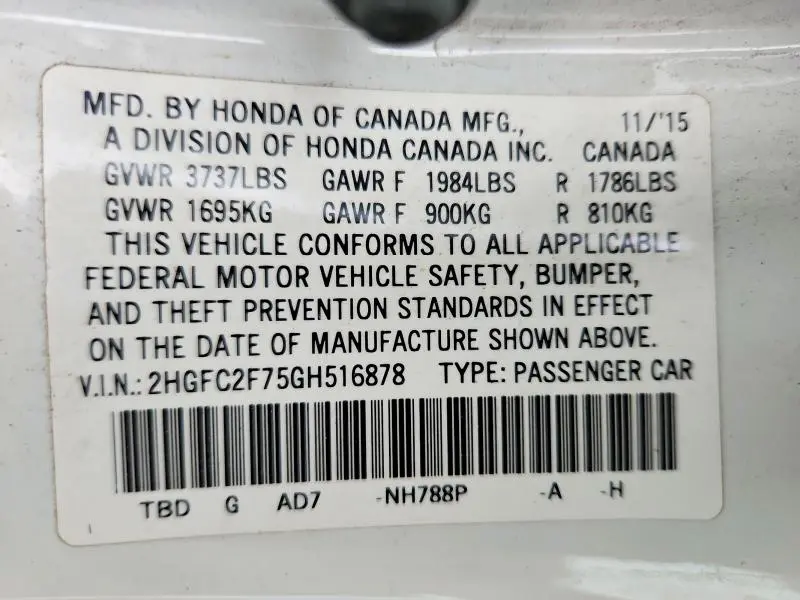 2016 HONDA CIVIC EX  
