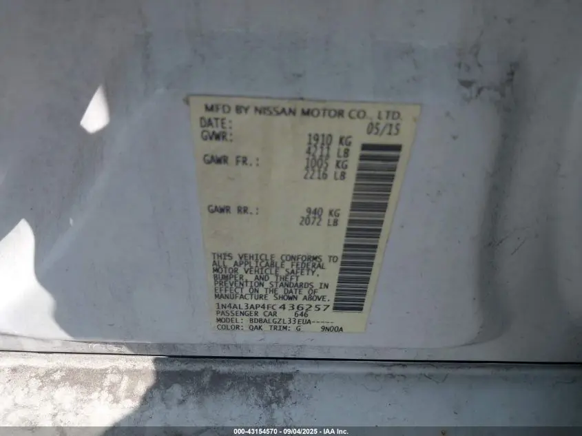 2015 NISSAN ALTIMA 2.5/2.5 S/2.5 SL/2.5 SV