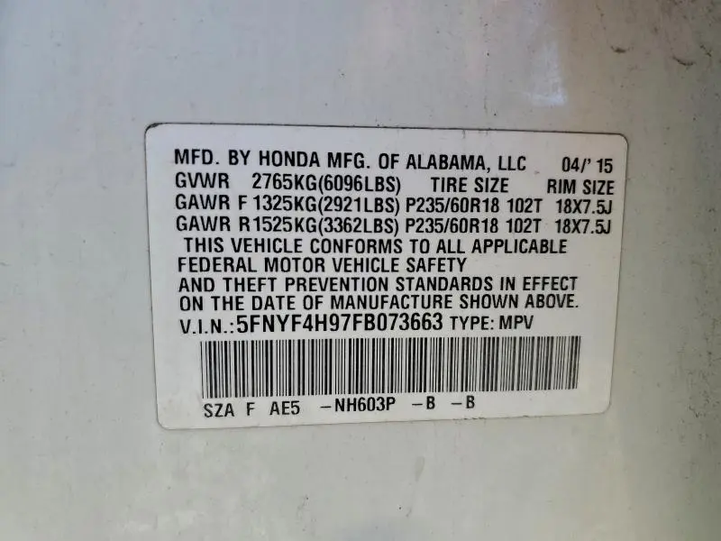 2015 HONDA PILOT TOURING  