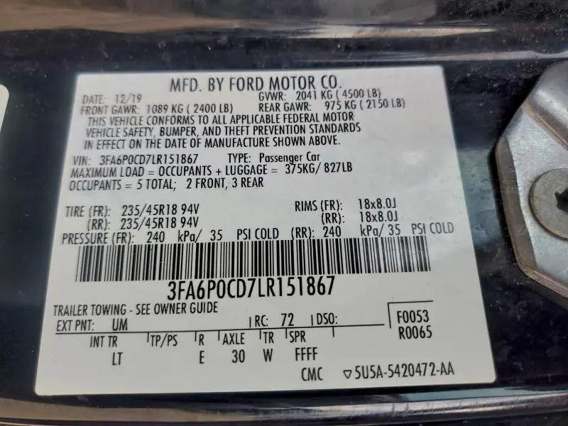 2020 FORD FUSION SEL  