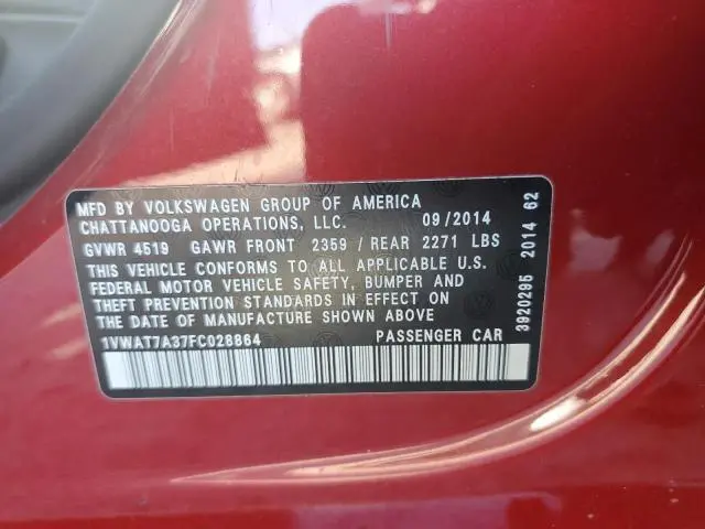 2015 VOLKSWAGEN PASSAT S  