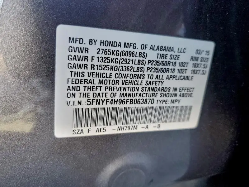 2015 HONDA PILOT TOURING  