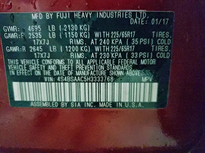 2017 SUBARU OUTBACK 2.5I  