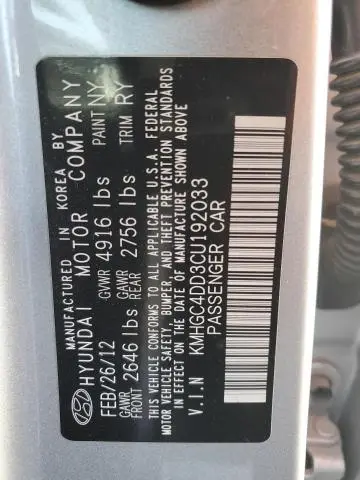 2012 HYUNDAI GENESIS 3.8L  