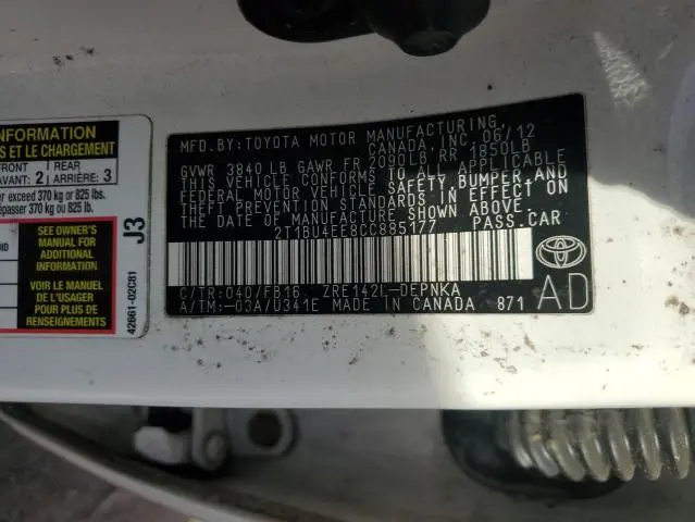 2012 TOYOTA COROLLA BASE  