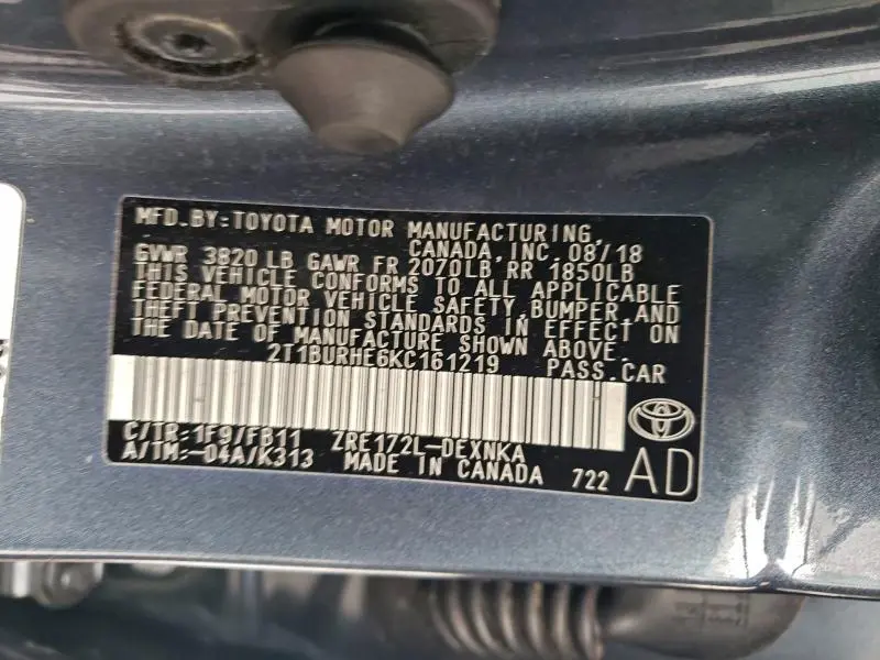 2019 TOYOTA COROLLA L  