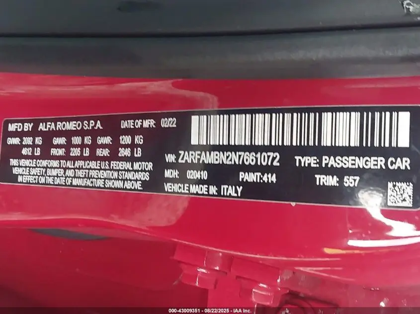 2022 ALFA ROMEO GIULIA VELOCE TI RWD