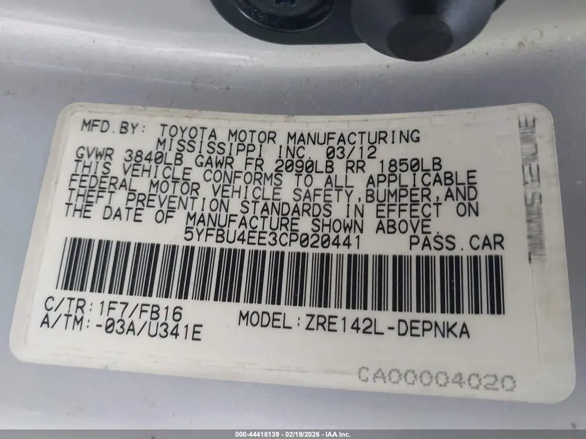 2012 TOYOTA COROLLA LE