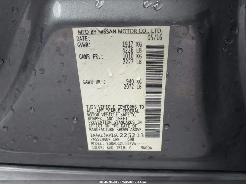 2016 NISSAN ALTIMA 2.5/2.5 S/2.5 SL/2.5 SR/2.5 SV