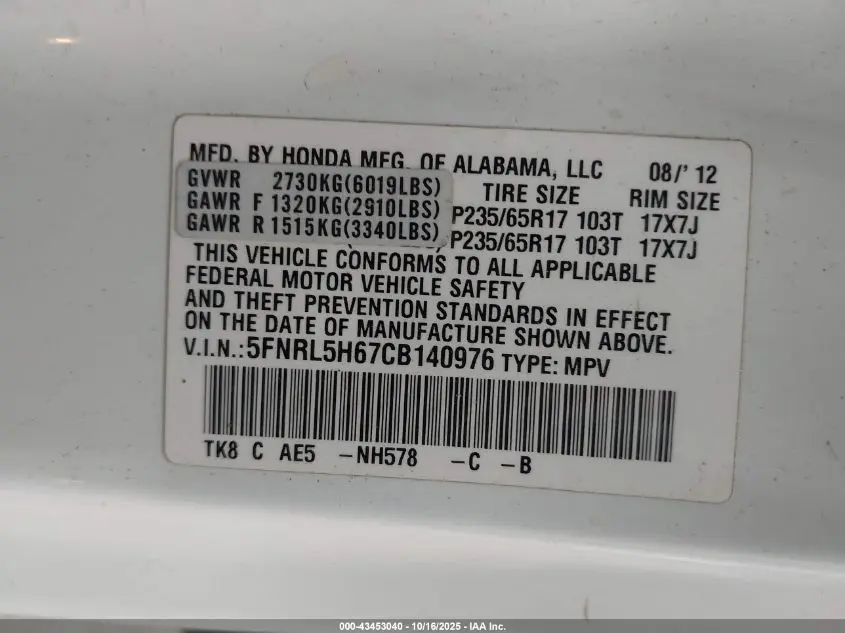 2012 HONDA ODYSSEY EX-L