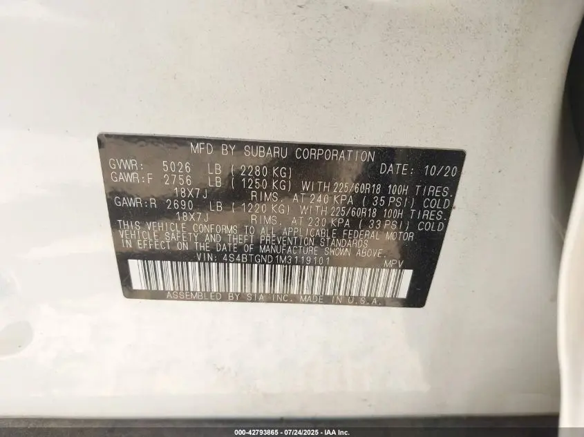 2021 SUBARU OUTBACK LIMITED XT