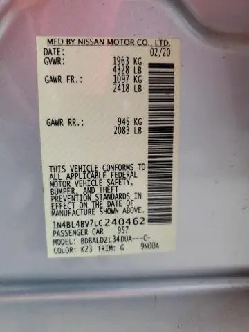 2020 NISSAN ALTIMA S  