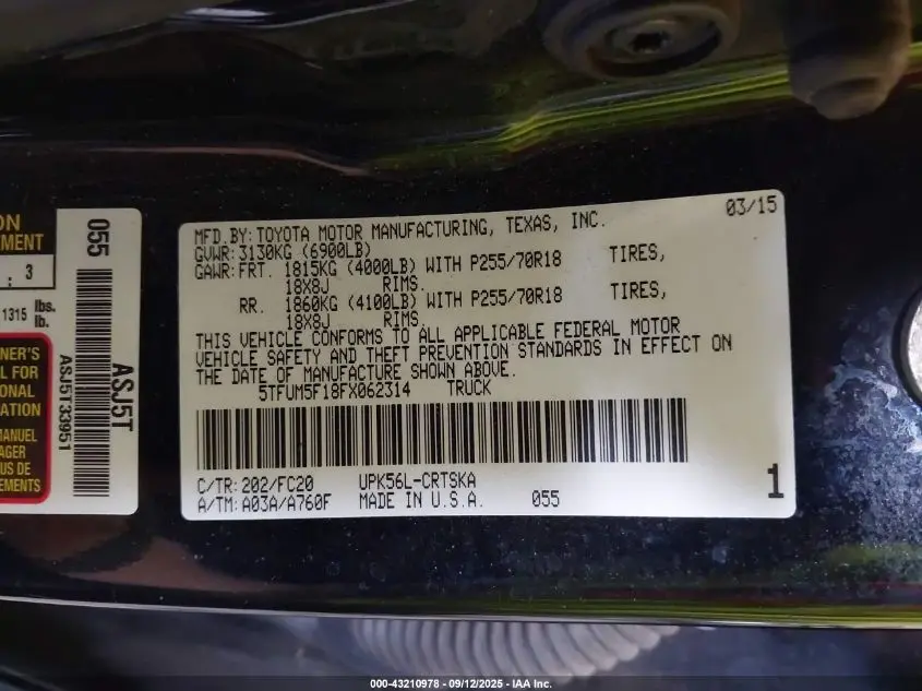 2015 TOYOTA TUNDRA SR5 4.6L V8