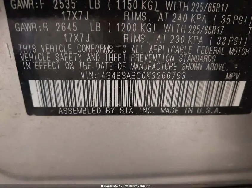 2019 SUBARU OUTBACK 2.5I