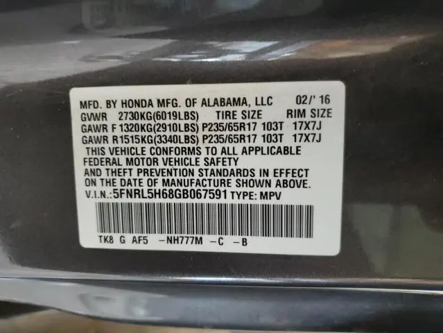 2016 HONDA ODYSSEY EXL  