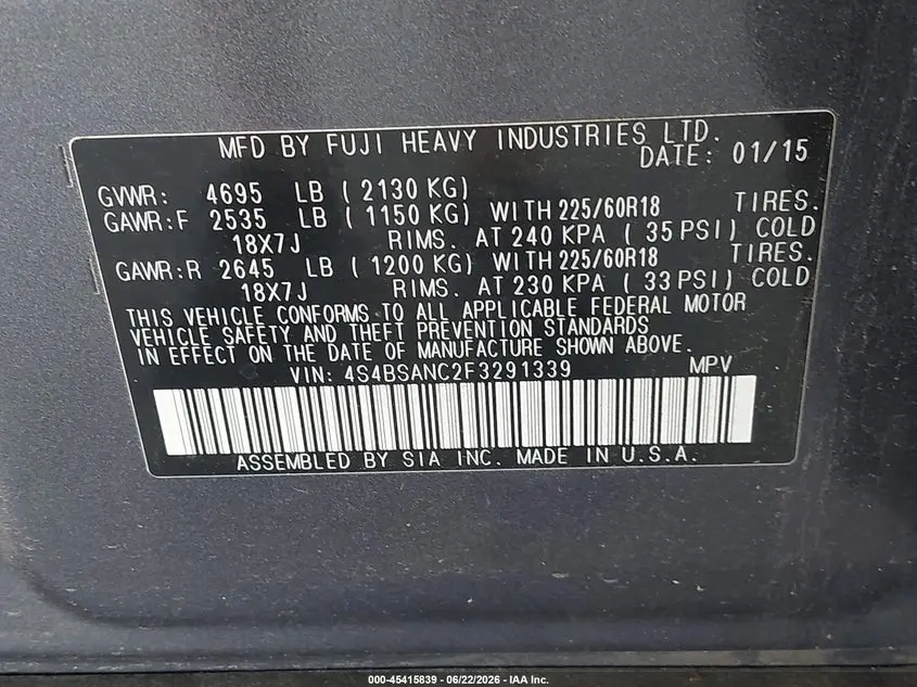 2015 SUBARU OUTBACK 2.5I LIMITED