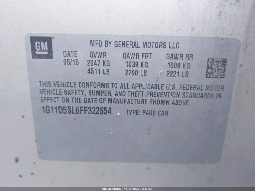 2015 CHEVROLET MALIBU 2LT