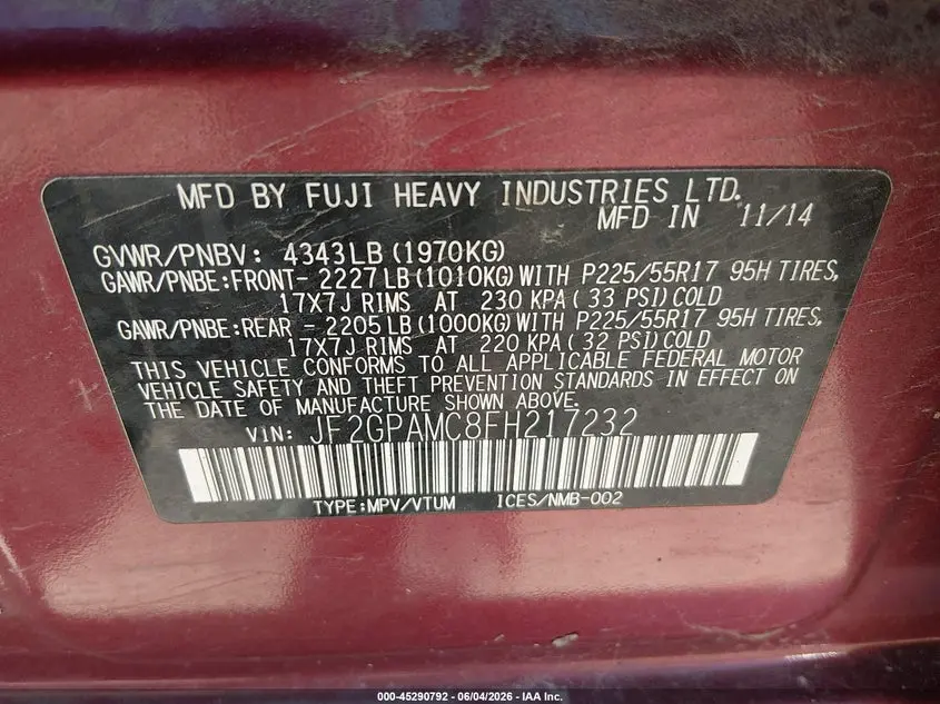 2015 SUBARU XV CROSSTREK 2.0I LIMITED