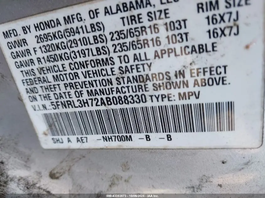 2010 HONDA ODYSSEY EX-L