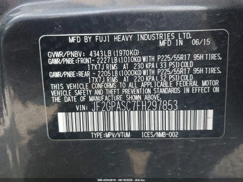 2015 SUBARU XV CROSSTREK 2.0I LIMITED