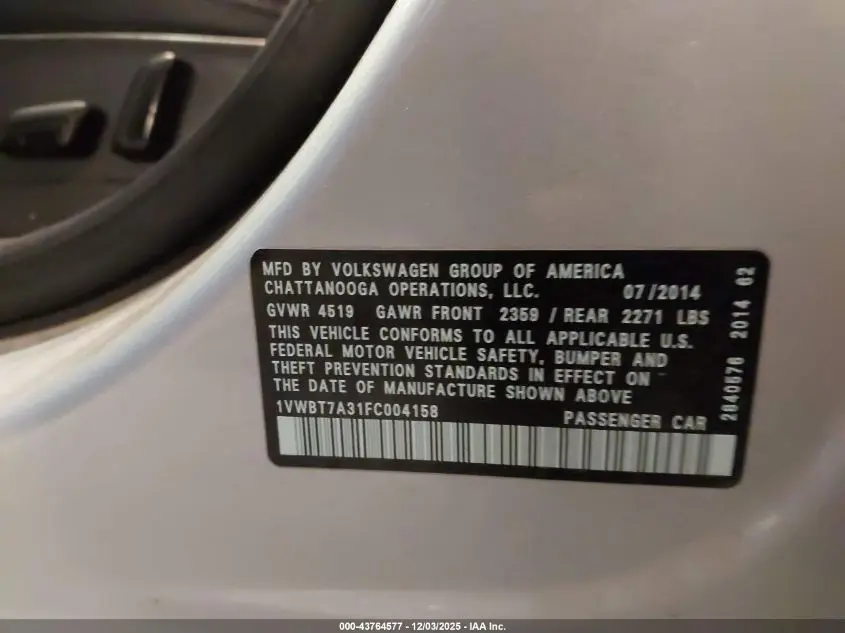 2015 VOLKSWAGEN PASSAT 1.8T SE