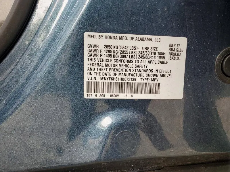 2017 HONDA PILOT EXL  