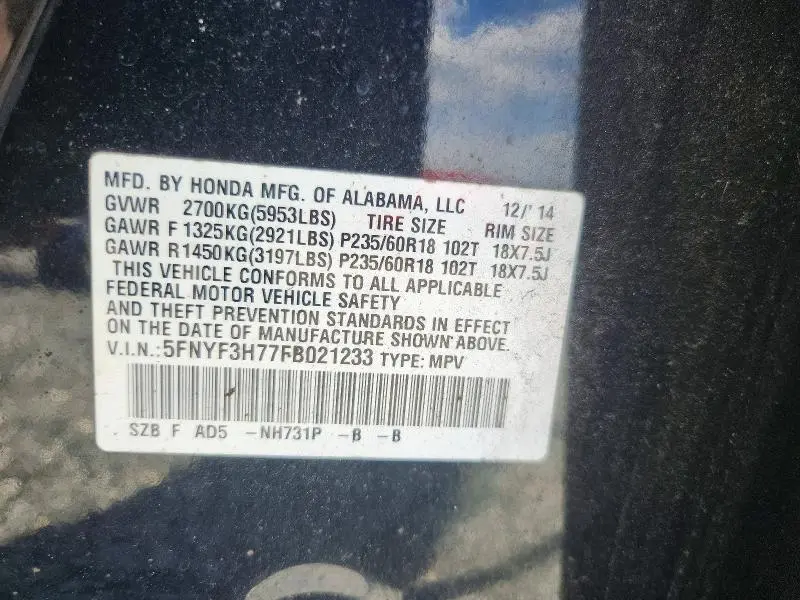 2015 HONDA PILOT EXLN  