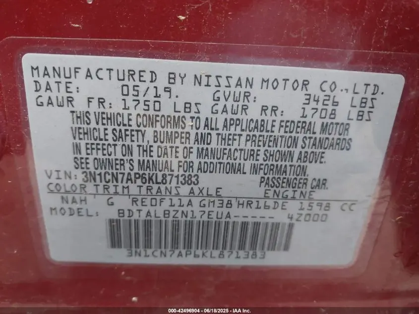 2019 NISSAN VERSA 1.6 SV