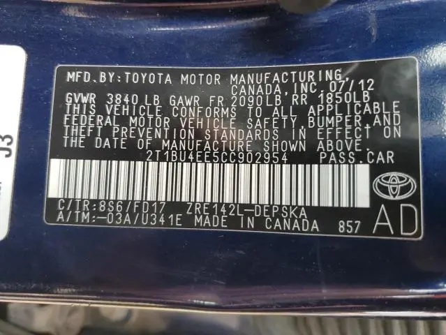2012 TOYOTA COROLLA BASE  