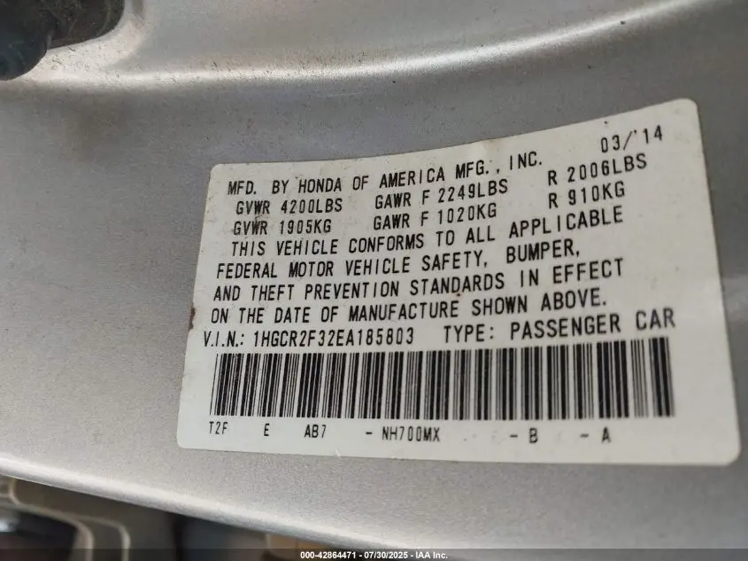 2014 HONDA ACCORD LX