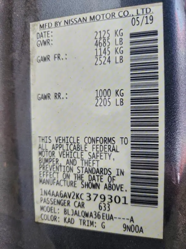 2019 NISSAN MAXIMA S  