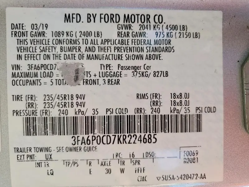 2019 FORD FUSION SEL  