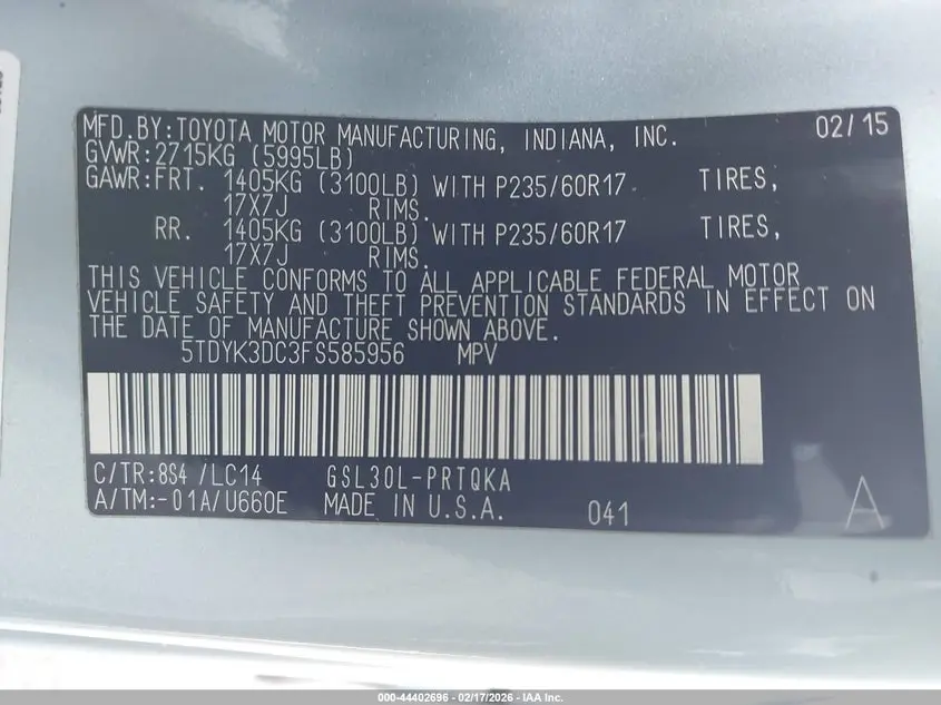 2015 TOYOTA SIENNA XLE 8 PASSENGER