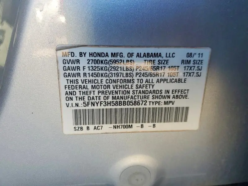 2011 HONDA PILOT EXL  