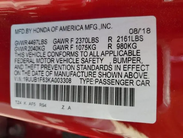 2019 ACURA TLX TECHNOLOGY  