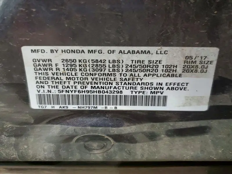 2017 HONDA PILOT TOURING  