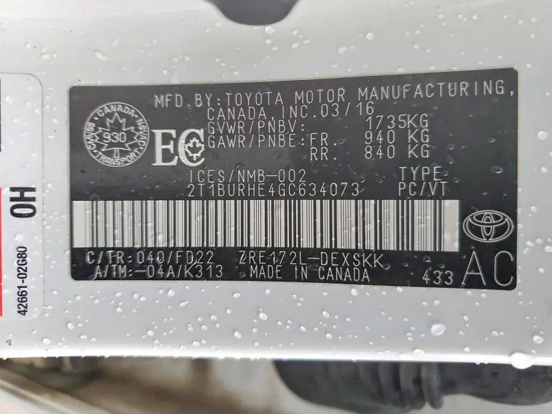 2016 TOYOTA COROLLA L  