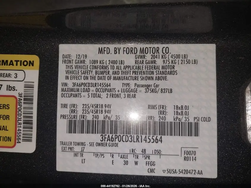 2020 FORD FUSION SEL