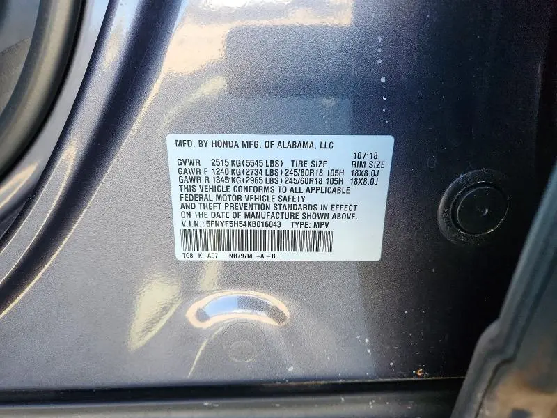 2019 HONDA PILOT EXL  