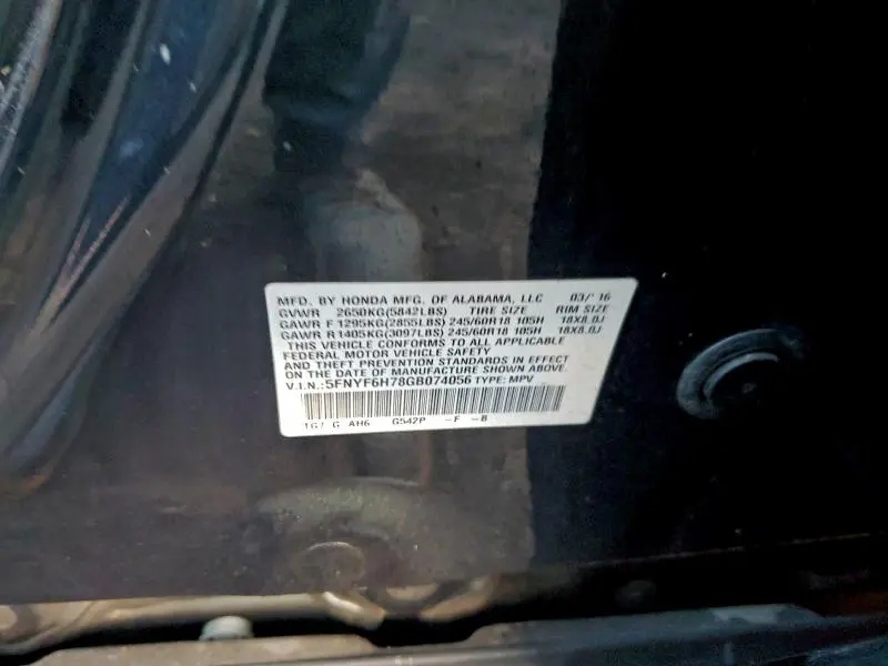 2016 HONDA PILOT EXLN  