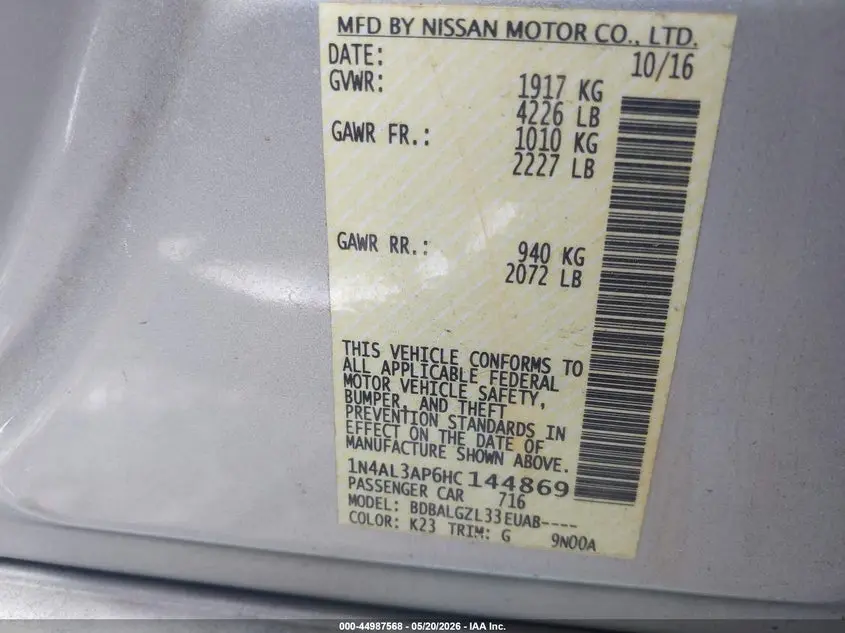 2017 NISSAN ALTIMA 2.5/2.5 S/2.5 SL/2.5 SR/2.5 SV